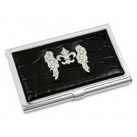 Business Card Holder - 12 PCS Croc Embossed Leather Like w/ Rhinestone Fleur De Lis & Angel Wings - Black - CH-GCH1282B 